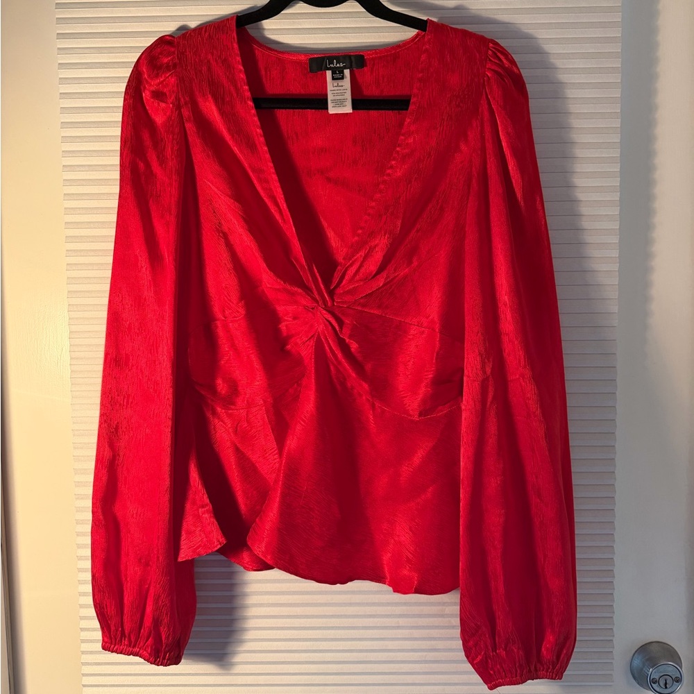 Lulus Wonderful Feeling Red Satin Jacquard Twist-Front Top
